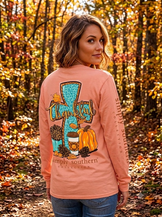 Simply Southern Tops - SIMPLY SOUTHERN Women’s Small Long Sleeve T-Shirt Thankful Pumpkin Fall Peach